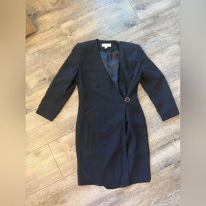 Tailored Black Long-Sleeve Wrap Dress with Ring Accent